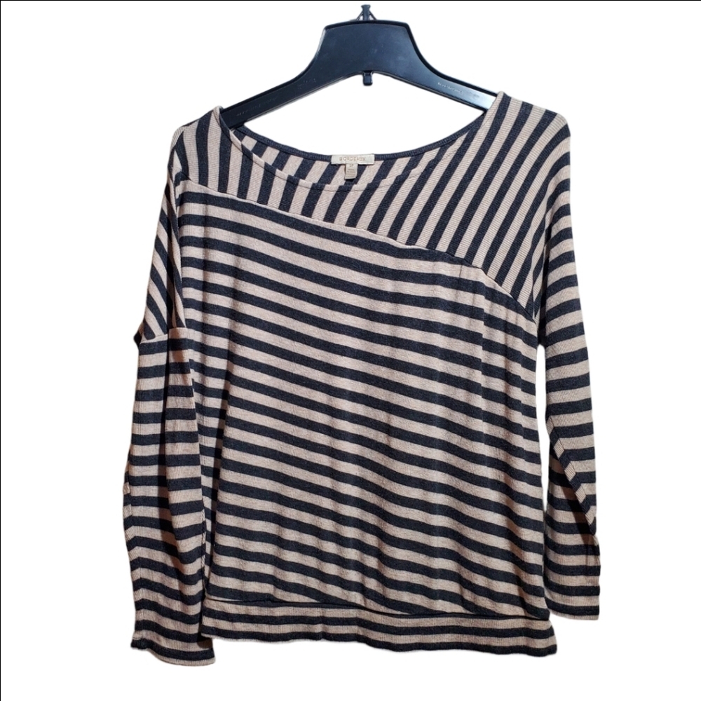 ANTHROPOGIE Bordeaux Striped Tan & Black Pullover SP Scoop Neck  Jersey Top EUC
